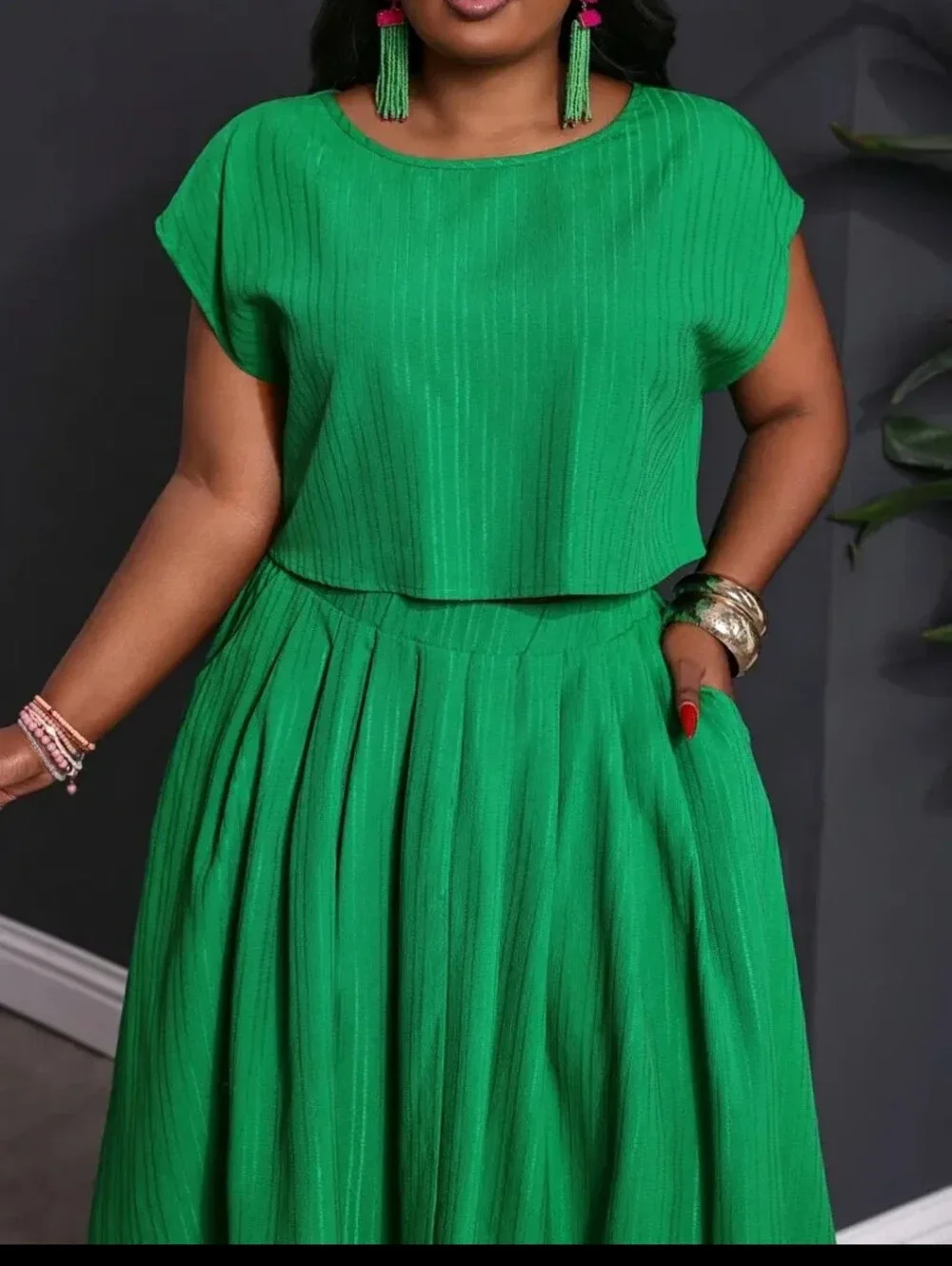 Green Maxi Skirt - Elegant Flared Women's Skirt Set